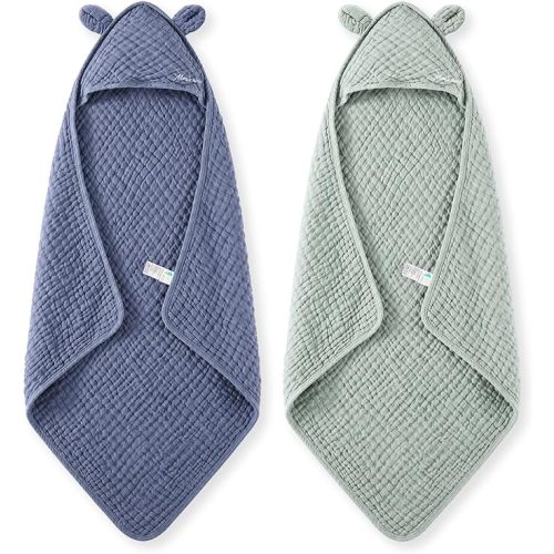 Momcozy Baby Towels, 6-Layer 100% Cotton Muslin Hooded Baby Towel Set for Newborn, Infant & Toddler, Soft Absorbent Baby Bath Essentials, Large 32 x 32 Inch