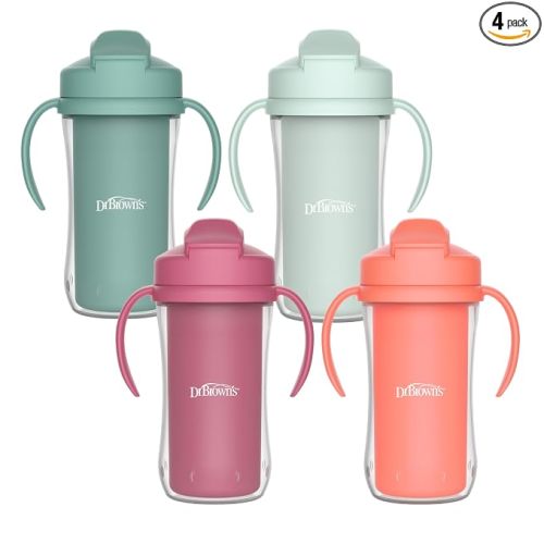 Dr. Brown's Milestones Insulated Sippy Cup with Straw and Handles, Spill-Proof Tumbler with Lid, Pink/Orange/Green/Green, 10 oz/300 mL, 12m+, 4-Pack