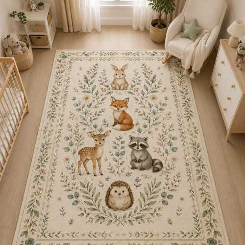 Woodland Animal Nursery Rug, Neutral Baby Decor, Whimsical Hedgehog Fox Bunny Mat, Botanical Cottagecore Carpet, Washable Playroom Area
