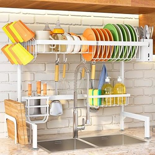 Over The Sink Dish Drying Rack - Adjustable Dish Rack for Kitchen Counter, Metal (White)