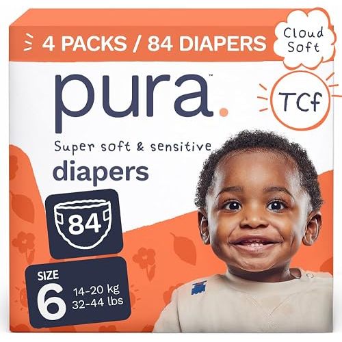 Pura Baby Diapers Size 6 (32-44 lbs) 84 Count Sensitive Skin