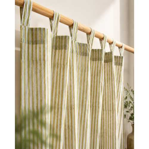 Olive Green Hand Block Printed Cotton Curtain, Striped Tab Top Curtain Panel, Handmade Boho Farmhouse Drapes, Custom Size Curtains