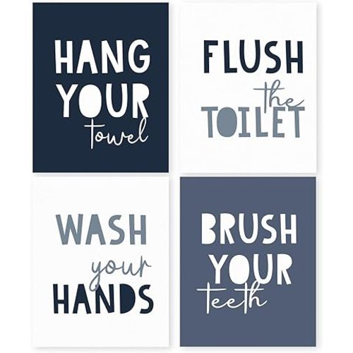 HRQKO Wash Your Hands Wall Art Set of 4, Boys Bathroom Artwork Prints, Nursery Bathroom 8'x10' Unframed (blue2)