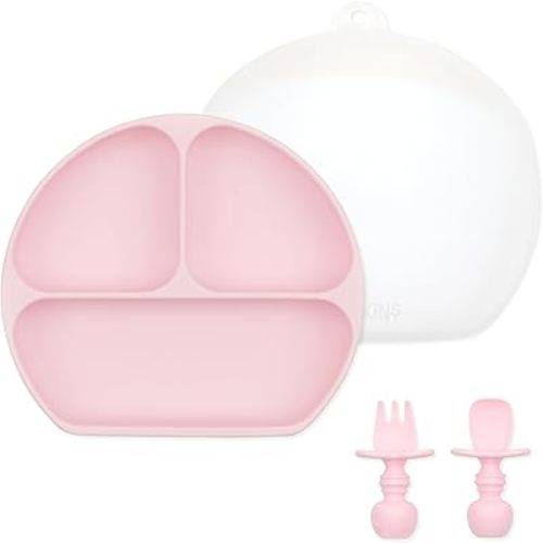 Bumkins - Silicone Grip Dish 3-Section, Training Chewtensils & Lid - For Ages 6 Months+ - Suction Base - 100% Food-Safe Silicone - Oven, Microwave, Freezer, & Dishwasher Safe - Pink
