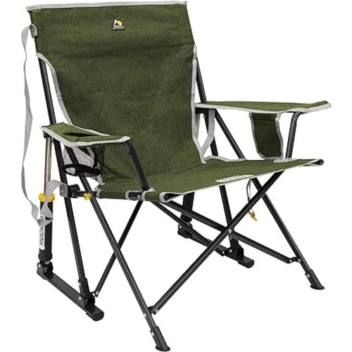 GCI Outdoor Kickback Rocker Camping Chair | Portable Folding Rocking Chair with Durable Armrests, Drink Holder & Relaxed Lowered Seat for Comfort — Loden Green