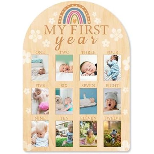 My First Year Baby Growth Photo Display Wood Board - 12 Months Newborn Milestones Picture Frame - Neutral Baby 1st Birthday Decorations for Boy Girl Nursery Decor - Rainbow and Flower Pattern