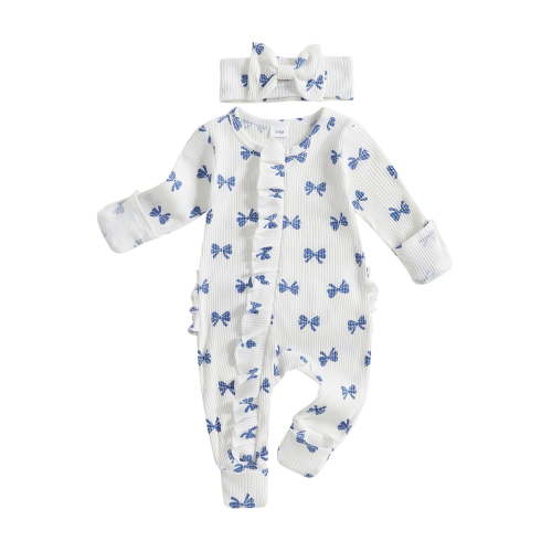 Suealasg Baby Girl 2Pcs Fall Outfits Ruffle Long Sleeve Bow Print Jumpsuit with Headband Set Newborn Clothes