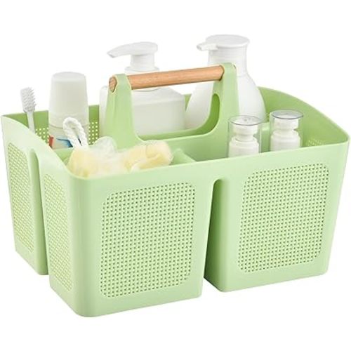 ALINK Portable Shower Caddy Basket with Compartments, Plastic Divided Cleaning Caddy Organizer Storage Tote with Handle for Bathroom, College, Dorm Room Essentials - Green