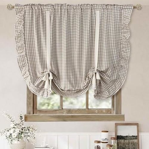 Light Brown Gingham Checkered Pattern Semi Sheer Tie Up Balloon Curtain