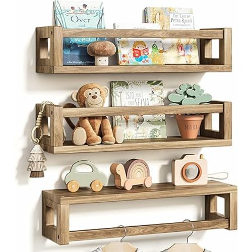 Sturdy Floating Shelves – Set of 3 Wall Bookshelves and Nursery Floating Shelves for Books, Toys, Kitchen, Bathroom, and Home Decor – Walnut Brown