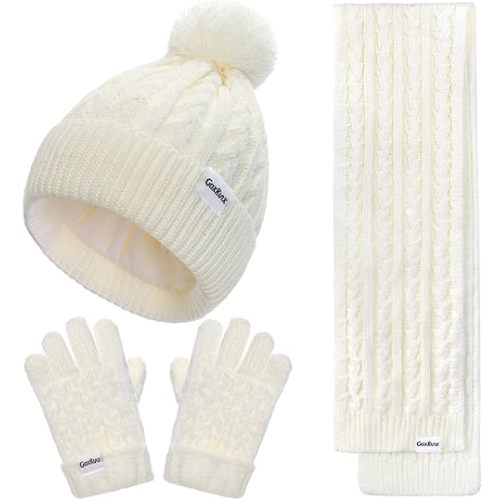 Kids Winter Hat Gloves Scarf Set, Girls Boys Winter Beanie Hat Mittens Scarf Knit Set with Thick Fleece Lined for Children