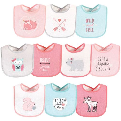 Hudson Baby Infant Girl Cotton Terry Drooler Bibs with Fiber Filling, Girl Woodland, One Size