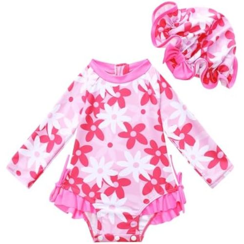 AMAWMW Infant Baby Girl Swimsuit Long Sleeve One-Piece Swimwear with Hat Rash Guard Floral Zipper Bathing Suit Beach Wear