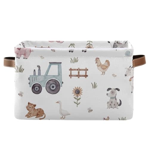 Cute Farm Animals Storage Bins Collapsible Storage Basket with Metal Frame, Fabric Shelves Bins Closet Baskets with Handles, 2-Pack