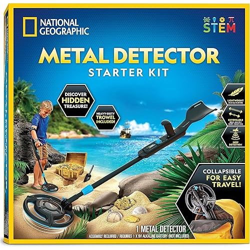 National Geographic Starter Metal Detector Kit for Kids - Kids Metal Detector with 7.4" Waterproof Coil & Trowel, Lightweight Gold Detector, Beach Detecting, Gift for Boys & Girls