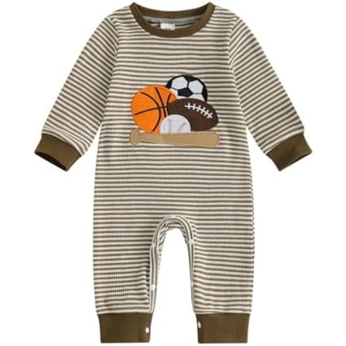 ZAXARRA Newborn Boy Clothes Fall Knit Sports Ball Embroidery Striped Crew Neck Long Sleeve Infant Boy Romper Jumpsuit