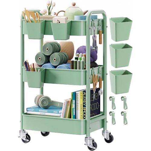 3 Tier Rolling Storage Cart Metal with Wheels, Green Baby Diaper Caddy Carts, Three Tiered Craft Cart Organizer on Wheels, Utility Roller Trolley for Art, Book, Snack, Office, Laundry, Bathroom Shelf