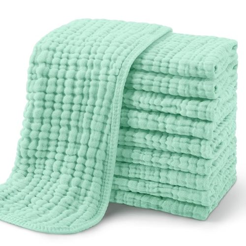 Yoofoss Muslin Burp Cloths for Baby 10 Pack 100% Organic Cotton Baby Washcloths for Boys Girls Large 20''X10'' Super Soft and Absorbent Apricot,Mint Green