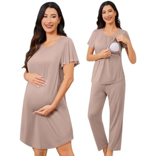 SWOMOG 3PCS Maternity Nursing Nightgown & Pajamas Set Short Sleeve Pjs for Breastfeeding Hospital Pregnancy Lounge Sets