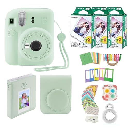 Fujifilm Instax Mini 12 Instant Camera + 60 Photo Prints + Quality Photo Value Bundle, Case, Decoration Stickers, Frames, Photo Album, (Mint Green)