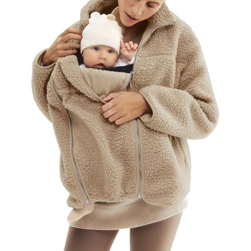 Women's Fleece Zip Up 2 in 1 Baby Wearing Jacket Maternity Winter Coat Thicken Kangaroo Sweatshirt