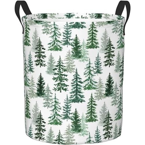 Delerain Pine and Spruce Trees Laundry Basket, Waterproof Laundry Hamper with Handles, Collapsible Toy Bins Dirty Clothes Round Storage Basket for Home Bathroom Office Nursery, 19.6X15.7(M)