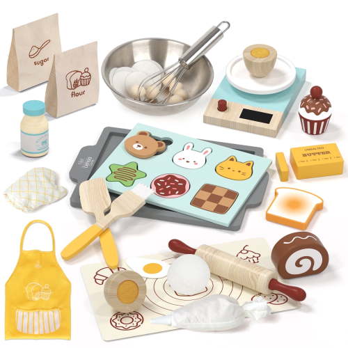 Wooden Kitchen Pretent Play Food Sets for Kids Baking, Food Toys for Toddlers 3-5