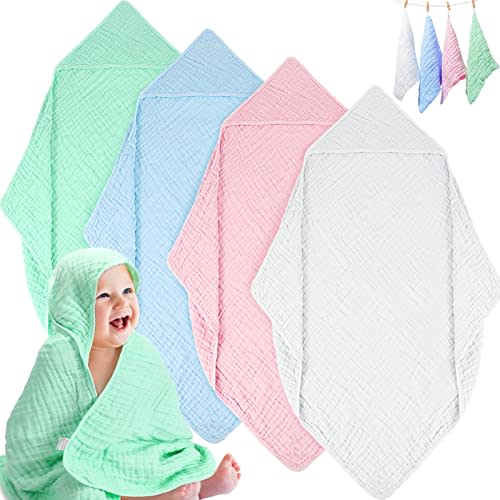 4 Pack Muslin Baby Hooded Bath Towel 32 x 32 Inch Extra Soft and Absorbent Baby Bath Towel with 4 Washcloths 6 Layers Cotton Infant Muslin Blanket for Babies, Newborn, Infant Essential for Boys Girls