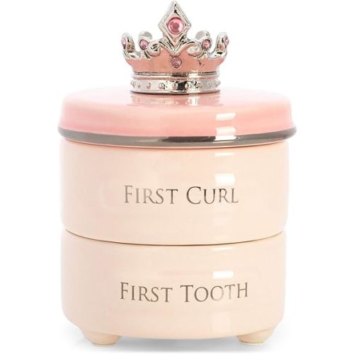 DEMDACO Pink Princess Crown First Tooth & Curl Keepsake Box - Baby Milestone Box for First Tooth & Curl - Ceramic Compartments - Decorative & Elegant - Ceramic - Baby Shower