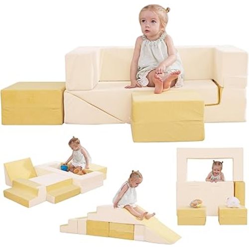 Kids Couch, Modular Toddler Couch, Kids Sofa with Ottomans, Foam Play Blocks, Climbing Playset with Slide Stairs, Convertible Plush Sofa for Playroom