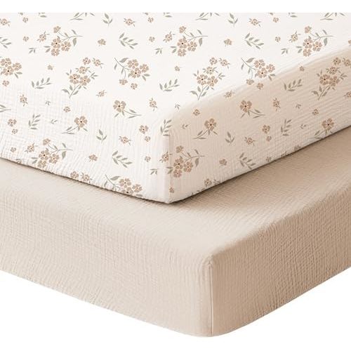 Konssy 2 Pack Muslin Mini Crib Sheets, Fits Pack and Play, 38"x24"