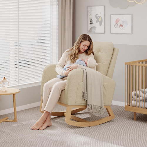 Rocking Chair Modern,Upholstered Glider Chair for Nursery,Comfy Armchair with Side Pocket for Living Room