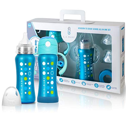 Ultimate 9oz Stainless Steel Baby Bottle, Sippy Cup, & Insulated Toddler Water Bottle with Straw | All-in-1 Kit | Insulate 10+ Hours | Non-Toxic Medical Grade Stainless Steel | Spill-Proof - Blue