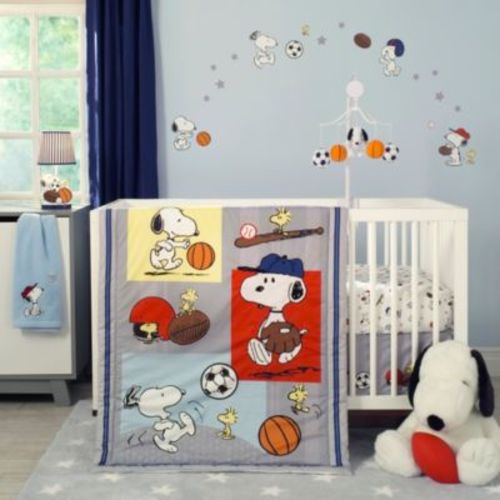 Snoopy Sports Gray/Blue/Yellow/Red 3-Piece Nursery Baby Crib Bedding Set