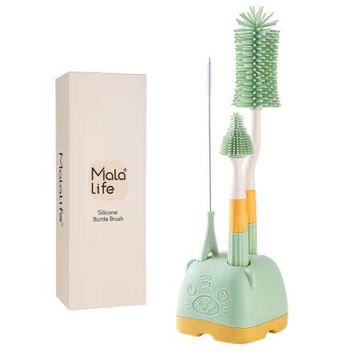 3 in 1 Baby Silicone Bottle Brush Set, Multipurpose Bottle Cleaner, Bottle Brush with Storage Holder, Food Grade Silicone, Effortless Scrubbing, Baby Bottle Cleaning Brush (Green)
