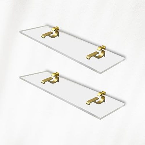 Clear Acrylic Shelves 11.5 inches, 3/4" Thick Transparent Wall Mounted Floating Shelves for Bedroom, Living Room, Bathroom, Kitchen -‎ with Screws and Brass Finish Brackets, Pack of 2