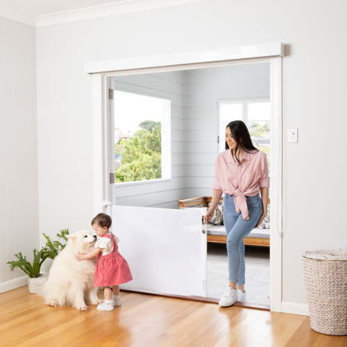 Perma Child Safety 71 in. Wide x 33 in. Tall White Retractable Baby Gate