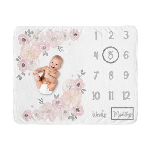 Sweet Jojo Designs Girl Baby Milestone Blanket Watercolor Floral Pink and Grey