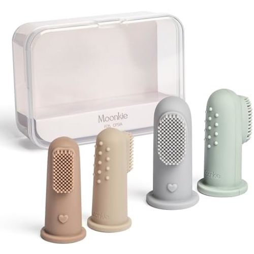 Moonkie Baby Toothbrush Finger Toothbrush Oral Cleaner Kit for 3 Months +, 4 Pcs Small (Sand/Warm Taupe)/Large (Blue/Mint)