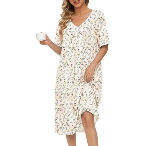 Ekouaer Cotton Nightgowns for Women Short Sleeve Night Gown V Neck Button Sleep Shirt Soft House Dress