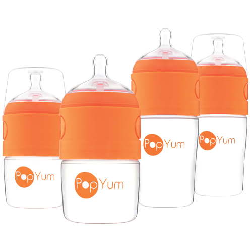 PopYum Orange Formula Making Baby Bottle Starter Set, 4-Pack, 2x 5oz Bottles with #1 Slow Flow Nipples + 2x 9oz Bottles with #2 Medium Flow Nipples mixing, Dispenser