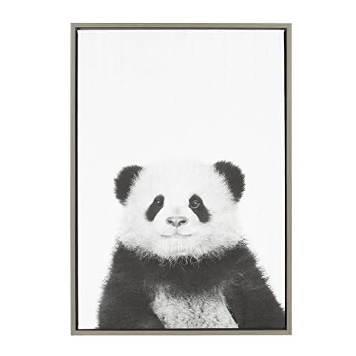 Kate and Laurel Sylvie Panda Animal Print Black and White Portrait Framed Canvas Wall Art by Simon Te Tai, 23x33 Gray