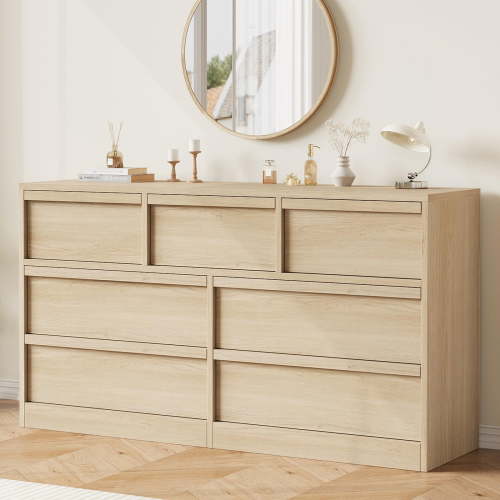 7 Drawer Dresser for Bedroom, 54" Wide Double Chest of Drawers with Large Storage, Modern Wood Dresser Organizer for Living Room, Nursery and Hallway, Natural Oak