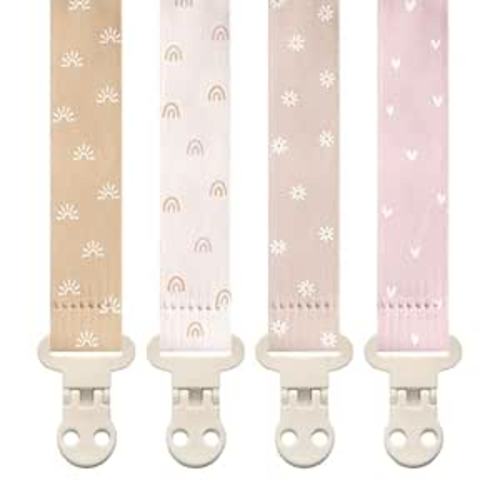 Stadela Baby Pacifier Clip Holder - Girl 4 Pack Gift Set - Boho Rainbow Suns Hearts Daisies Design (Belle)