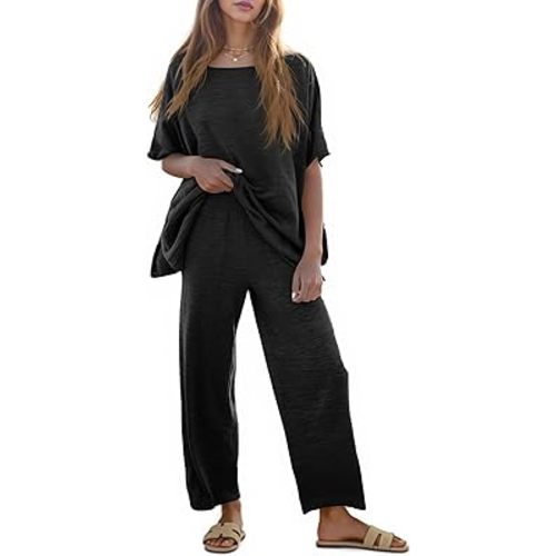 Tankaneo Women's 2 Piece Travel Outfits Casual Short Sleeve Knit Sweater Set Wide Leg Pants Lounge Sets Tracksuit