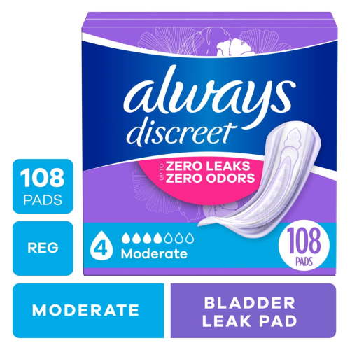 Always Discreet Adult Incontinence Pads for Women, Moderate Absorbency, Regular Length, Postpartum Pads, 108 Count HSA/FSA Eligible