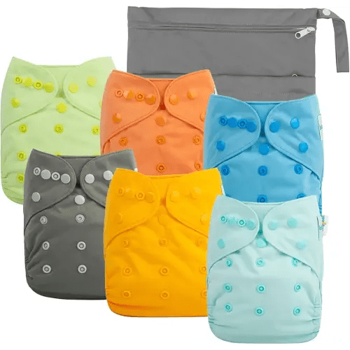 Babygoal Cloth Diaper Covers 6 Pack with Wet Bag for Fitted Diapers and Prefolds with Double Gussets, Adjustable and Reusable for Baby Boys and Girls 6DCF06