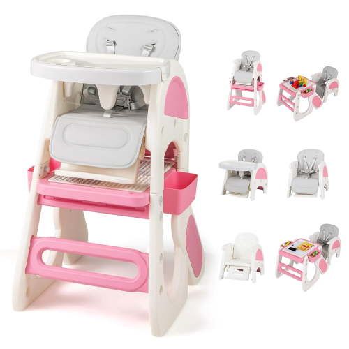 INFANS 8 in 1 Baby High Chair, Converts to Kids Table and Chair Set, with Drawing Whiteboard Building Block Tabletop, Suitable for Dinning Studying Playing