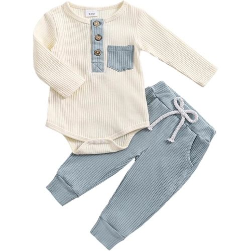 fhutpw Baby Boy Clothes 3 6 12 18 Months Ribbed Knitted Long Sleeve Romper and Pants Sets Newborn Fall Splicing Color Outfits