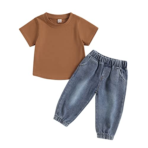 BHMAWSRT Toddler Baby Clothes Boy Solid Color Short Sleeve T-Shirt Tops + Jeans Pants 2 Pieces Spring Outfits